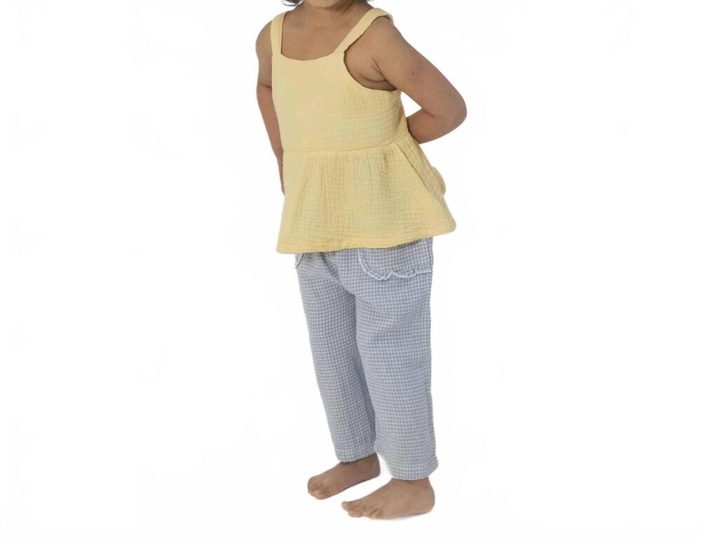 NEW ANGEL DEAR micro gingham blizzard peplum tank and pants set in off white blu